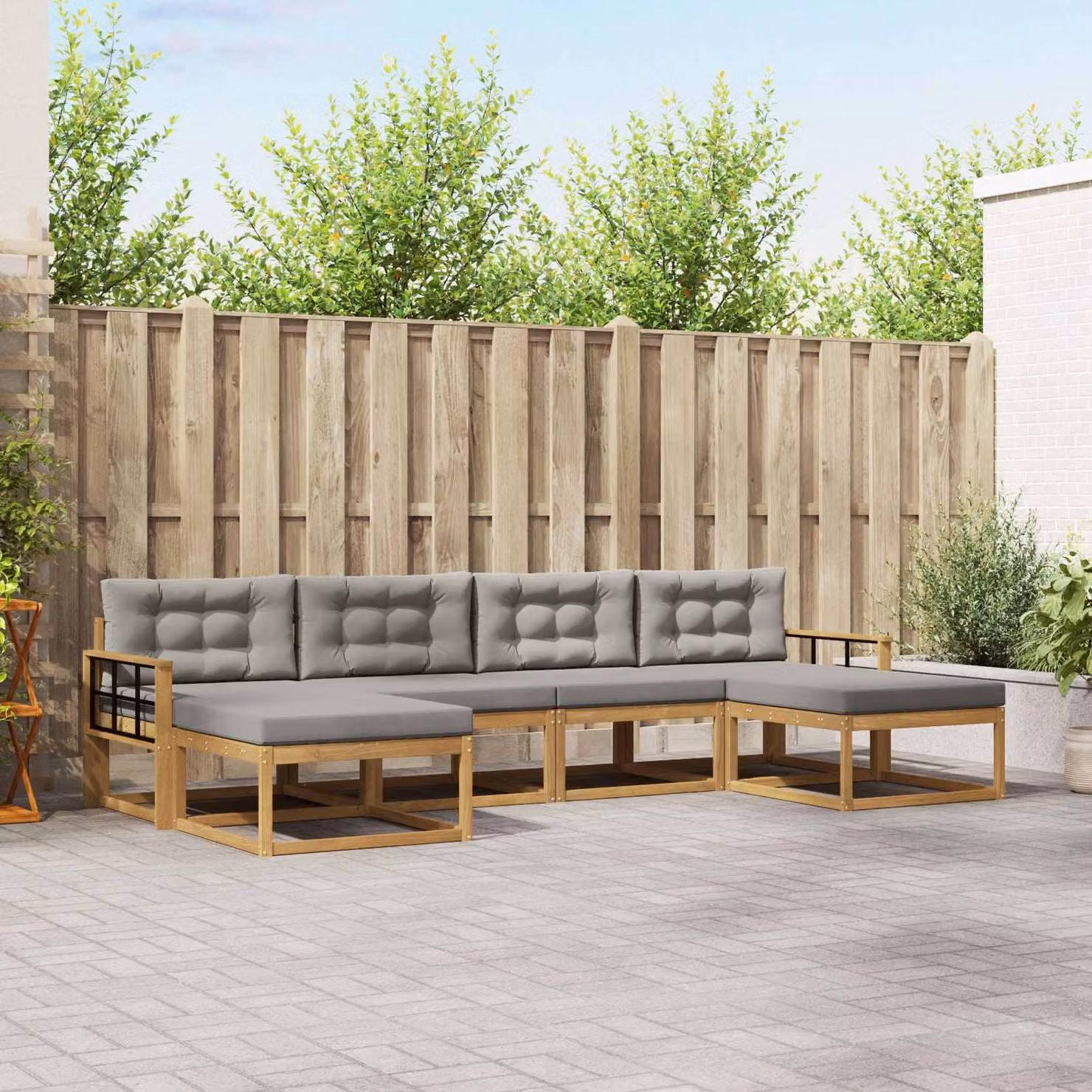 vidaXL Set di divani da esterno a L in legno di acacia con pouf e cuscini, Bianco e Grigio