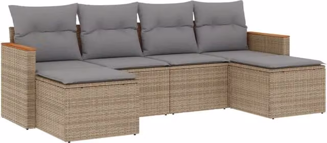 Set Divano da Giardino 6 pz | Set Salotto da Giardino con Cuscini Beige Misto Polyrattan