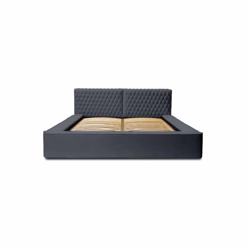 Letto contenitore VERNON Meublorama in tessuto bouclé chenille blu, con rete a doghe sollevabile, L: 140 cm, P: 200 cm, H: 86 cm – 2