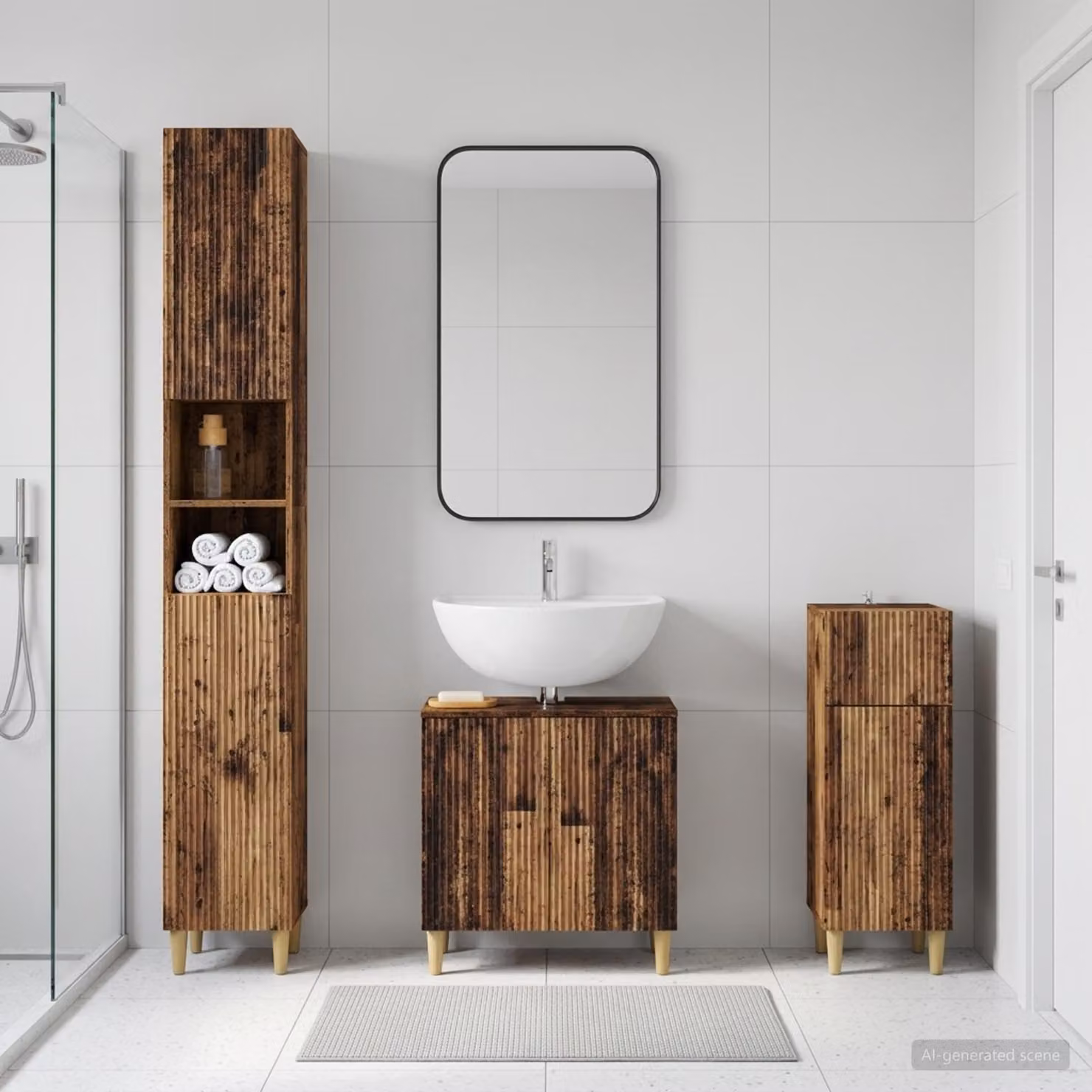 Set di 3 armadietti da bagno vidaXL ARNHEM in legno marrone stile rustico L/P/H: 30 x 47,98 x 190 cm, 31 x 30 x 190 cm e 30 x 31 x 190 cm
