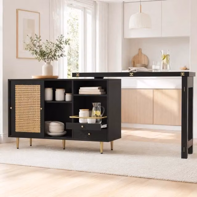 Desviae Mobile bar girevole 360° e allungabile con ante in rattan e ripiani aperti in MDF nero 107 × 40 × 71,4 cm