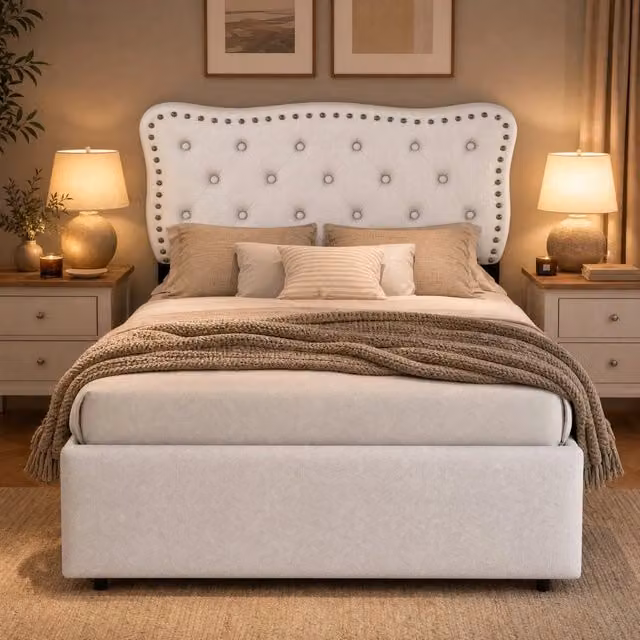 Letto imbottito 90x200 cm beige chiaro con cassetti doppi e decorazioni con borchie