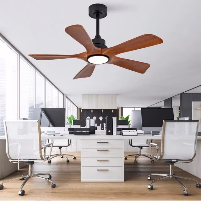 Ventilatore da soffitto Minimal con luce LED e telecomando, 5 pale, 6 velocità, funzione inversa e dimmerabile 3CCT, nero e legno