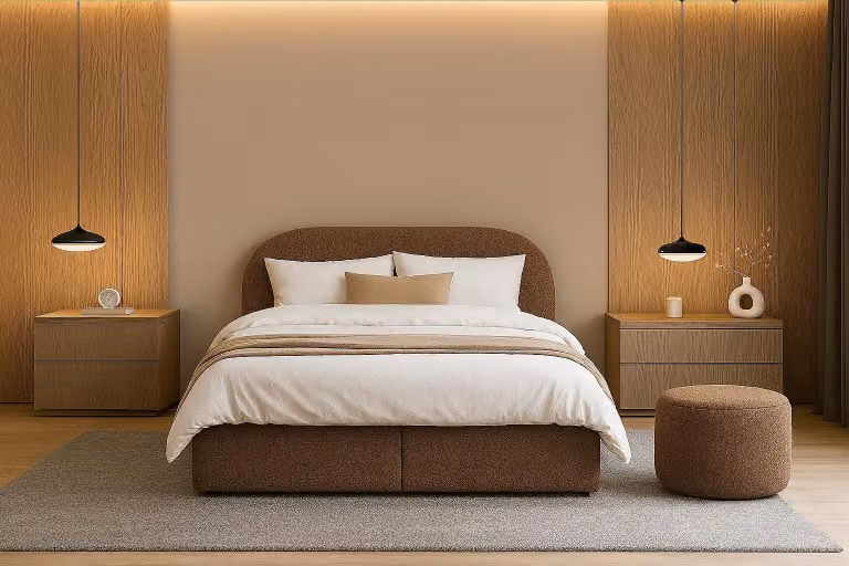 Letto boxspring Sofello 120-200x200, forma arrotondata Moon Box 200x200 cm, tessuto bouclé color cannella. Letto imbottito moderno con contenitore! Possibilità di acquistare un pouf abbinato!