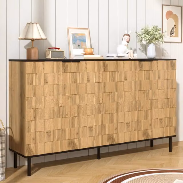 Credenza OKWISH a 2 ante con effetto mosaico astratto per soggiorno e sala da pranzo, colore nero, L 160 cm x P 35 cm x H 80,5 cm