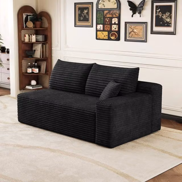 Divano lineare 2 posti in tessuto con schiuma elastica e design a linee fluide, nero 96 × 37 × 37 cm