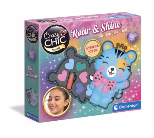 Clementoni Crazy Chic - Roar & Shine Trousse Trucchi, Cofanetto Make-Up Bambini 6+ Anni, Palette con 6 Ombretti Colorati e Rossetto, Gioco Creativo per Truccarsi, 18407