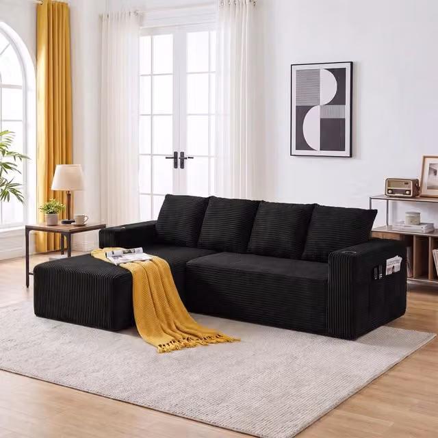Divano componibile modulare a L con chaise longue in velluto a coste nero