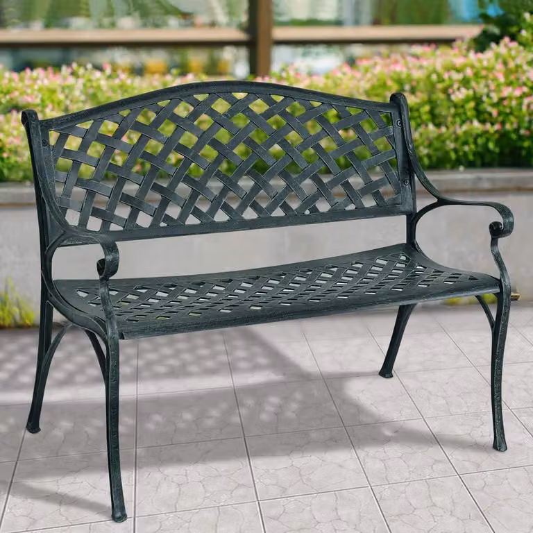 Panchina da giardino in metallo, panchina da parco a 2 posti, panchina in ferro con portata fino a 210 kg, panchina da terrazza con schienale e braccioli, panchina per giardino, balcone e terrazza, 103x55x82 cm, verde antico