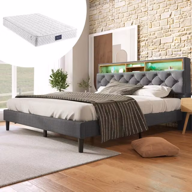 Letto matrimoniale imbottito con testiera contenitore; LED e doghe in legno; grigio; 140x200 cm; materasso incluso