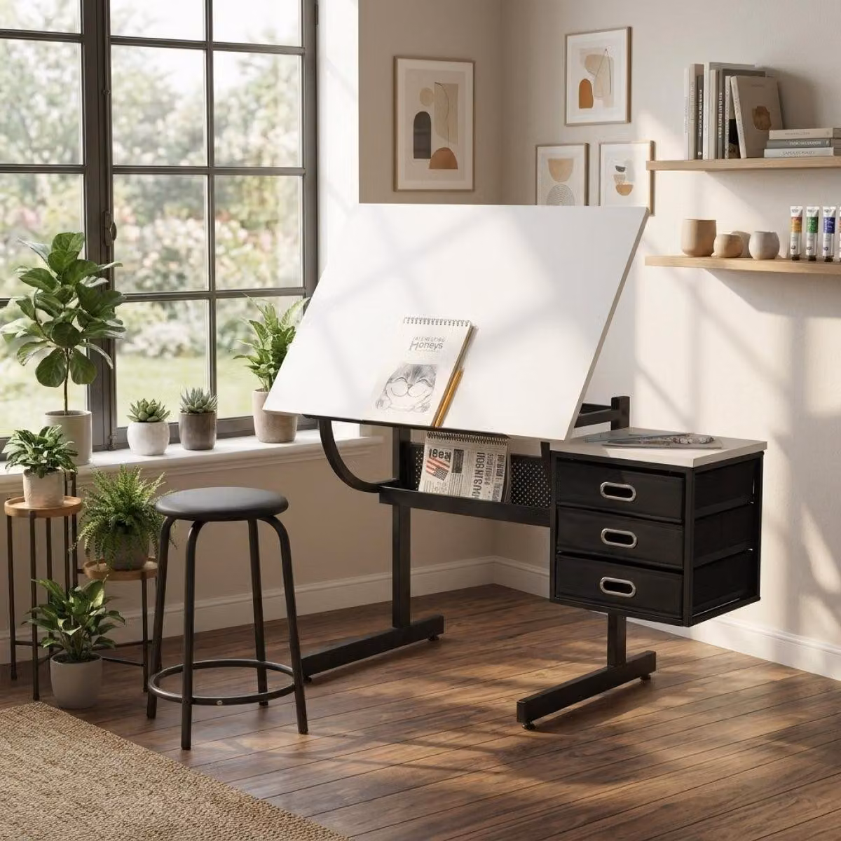 Tavolo da disegno con sgabello, tavolo da disegno regolabile con piano e 3 cassetti, colore bianco