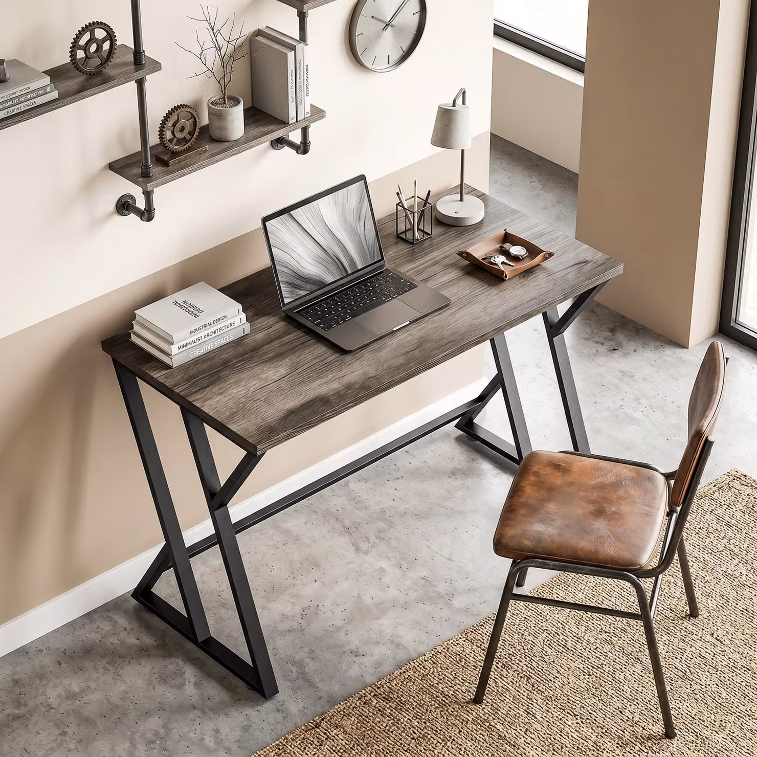 Scrivania per Computer Industriale HOMCOM con Struttura Metallica a Z e Tavolo in Legno, L/P/H: 120 x 60 x 76,5 cm, Grigio – 2