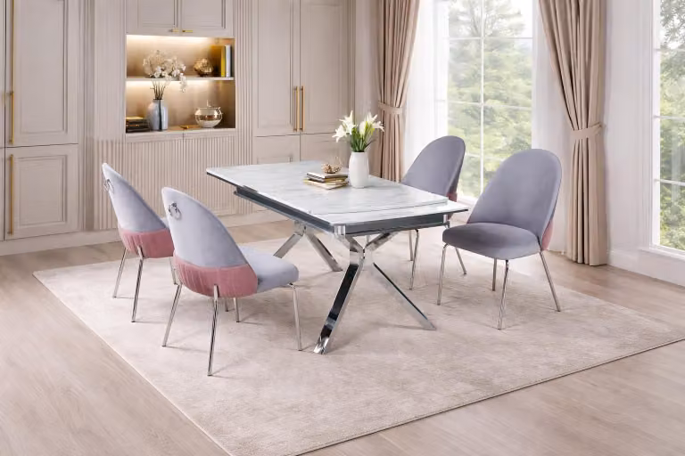 Tavolo con 4 sedie, stile moderno, colore bianco, confortevole, nuovo, allungabile