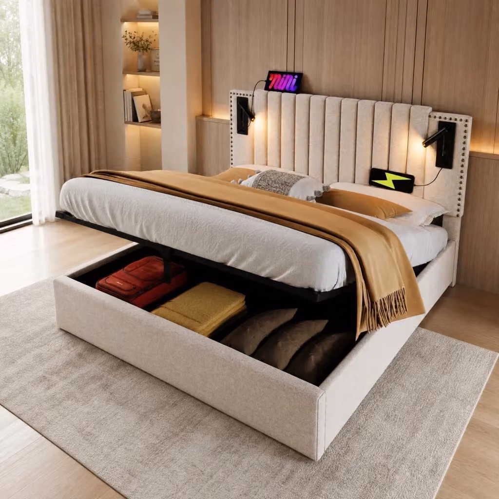 Letto Contenitore REDOM Beige con Luce di Lettura e Porta USB L/P/H: 140 x 200 x 47 cm – 2