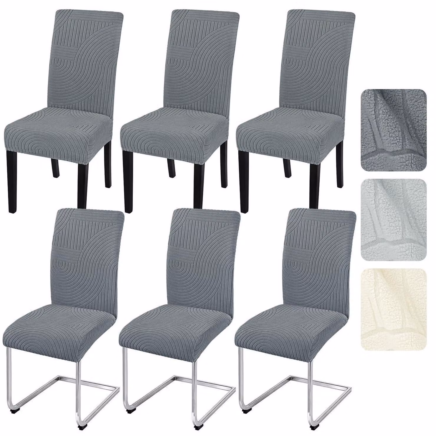 Copri sedie, set da 6, motivo a righe in tessuto jacquard, grigio scuro, lavabili, adatti per sedie a dondolo