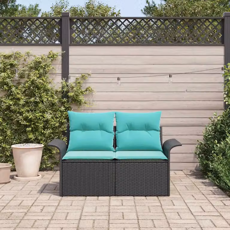 Divano da giardino a forma di U vidaXL in polyrattan con cuscini neri e turchesi