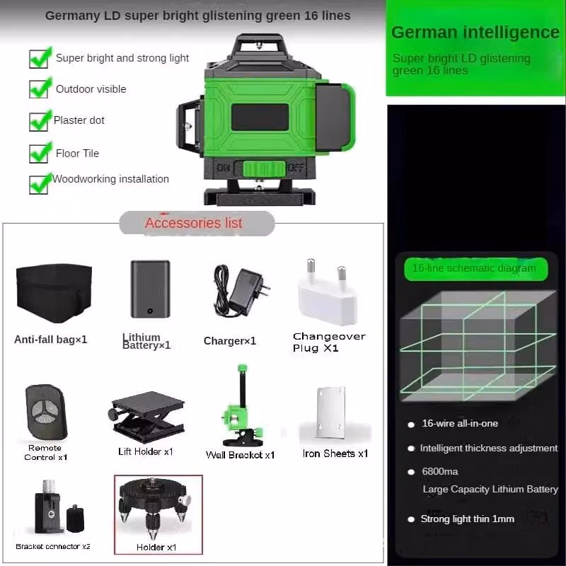 Livella laser - Laser 4D, 16 linee verdi - Autolivellante - 360° orizzontale - 360° verticale - Batteria inclusa - Adatta per lavori edili
