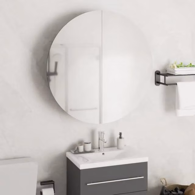 Armadio da Bagno con Specchio Rotondo e LED-Mobile bagno con specchio Nero 54x54x17,5 cm