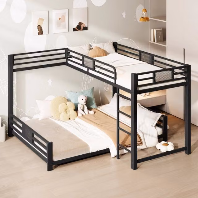 Letto a castello 3 posti 200×90 cm e 200×140 cm con barriere di sicurezza, senza materasso, in metallo nero