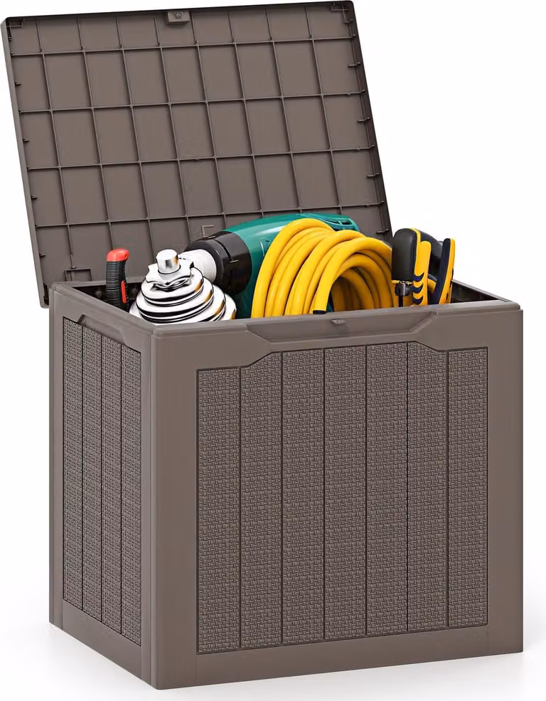 Contenitore per esterni 96L, coperchio con serratura, effetto rattan, marrone