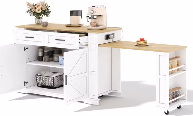 Isola cucina con piano estraibile 130 x 50 x 93 cm; carrello con prese e porte USB; 2 cassetti; bianco effetto rovere