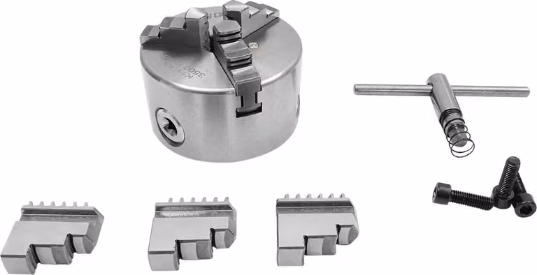 Mandrino - 3 ganasce autocentranti - Ganasce interne ed esterne - Alta precisione - HT300 e 20CrMnTi - Per tornio - Argento