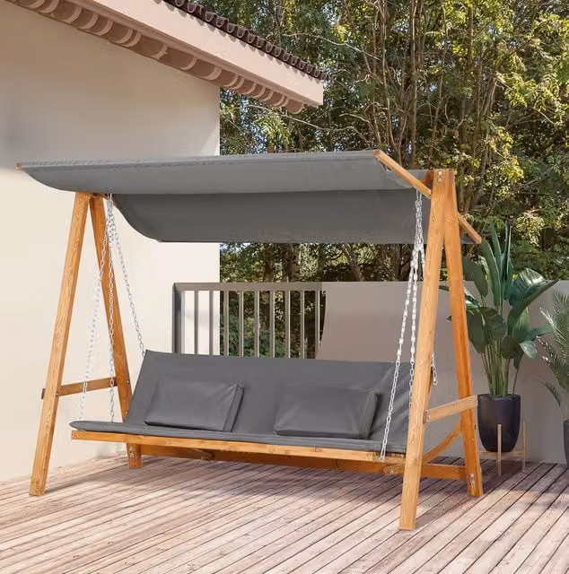 Altalena da giardino 3 posti convertibile in letto; con tettuccio regolabile; legno massello; grigio; 225;5x113x180 cm