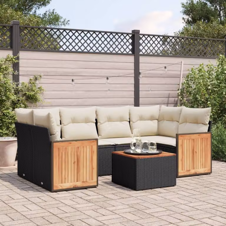 Set Divani da Giardino a L vidaXL in Polyrattan Nero con 7 Cuscini e Tavolino da Esterno