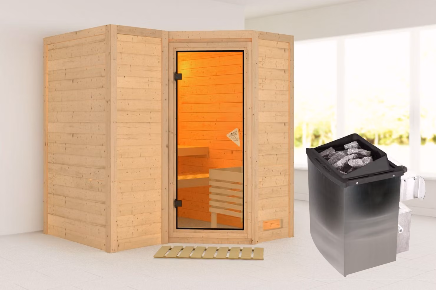 Sauna Sahib 1: senza illuminazione sul tetto. Forno da 9 kW con controllo integrato. Porta in vetro completamente bronzata. Illuminazione sul tetto: assente. Forno per sauna: 9 kW con controllo integrato. Porta per sauna: porta in vetro completamente bron