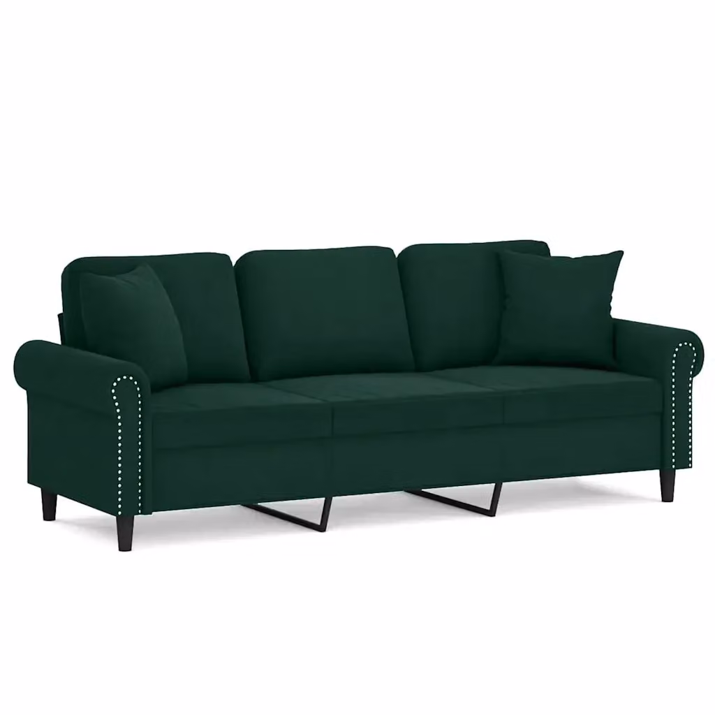 Divano a 3 posti moderno vidaXL in velluto verde con cuscini e struttura in metallo L: 212 cm, P: 80 cm, H: 77 cm – 2