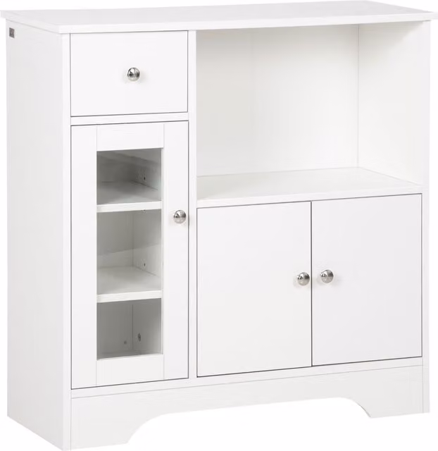 Credenza Buffet HOMCOM in Legno Bianco con Vano Aperto, Cassetto, 3 Ripiani e Armadietto a 2 Ante, L: 80 cm, P: 30 cm, H: 82 cm