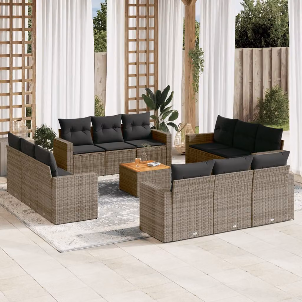 vidaXL Set Divani da Giardino 13 pz in Polyrattan Grigio con Cuscini e Tavolino – 1