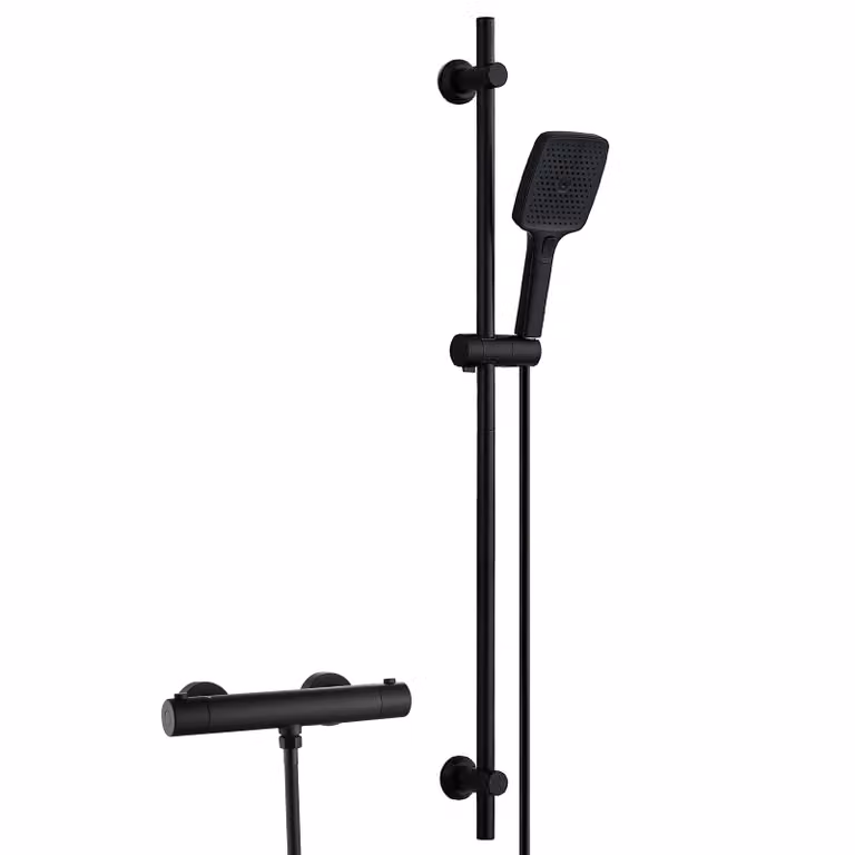 JOHO Sistema doccia in acciaio inossidabile con rubinetteria, set con barra doccia e termostato, soffione con 3 tipi di getto, flessibile, barra doccia da 100 cm, nero