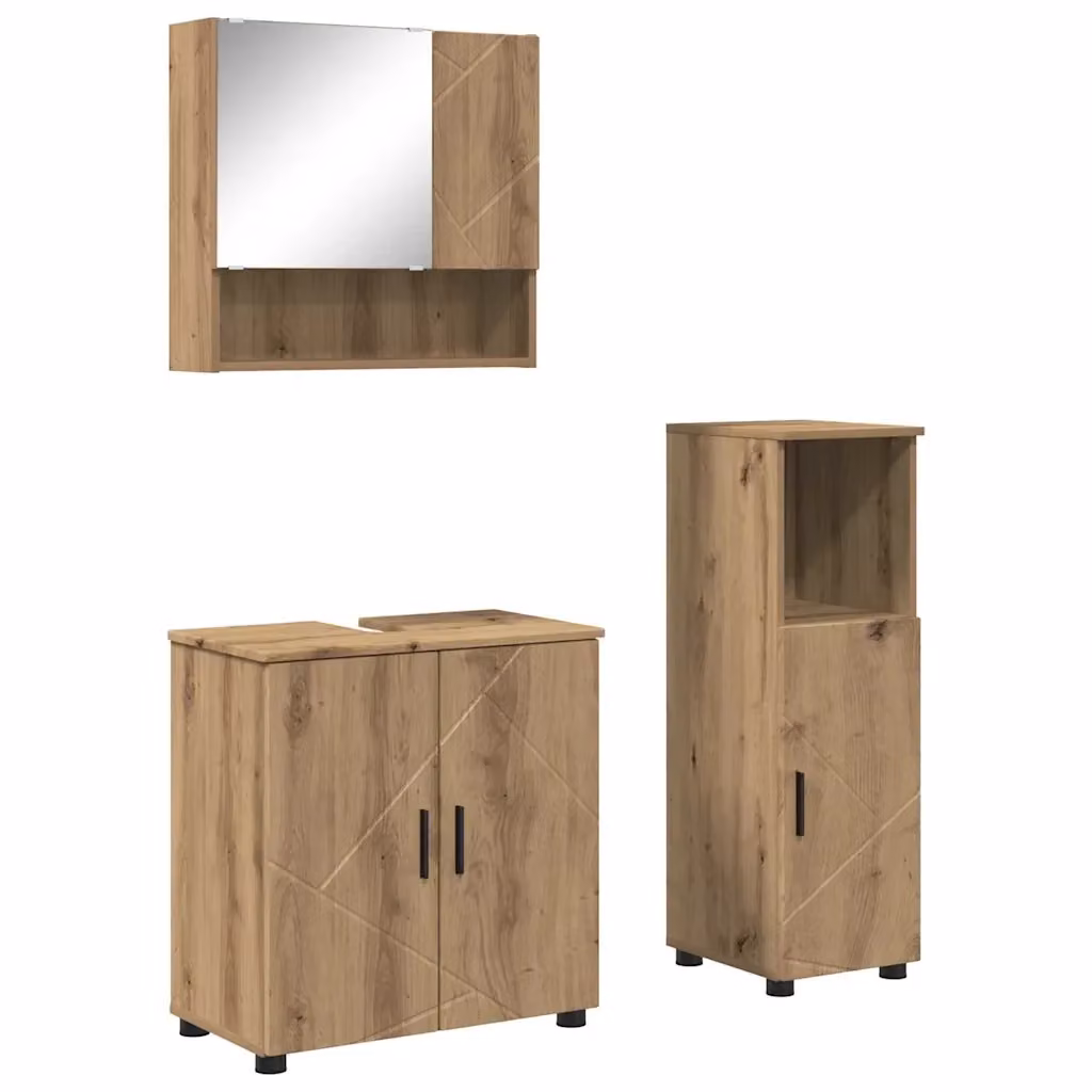 Set di mobili per il bagno moderno vidaXL in 3 pezzi color rovere con mobile lavabo, pensile specchio e colonna alta – 2