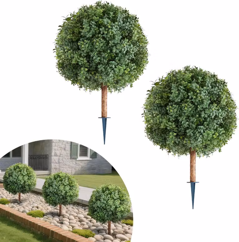 Sfera artificiale in bosso - Potatura artistica con picchetto - Set da 2 - Diametro 68,6 cm - Per esterni e interni - Facile da pulire - Verde