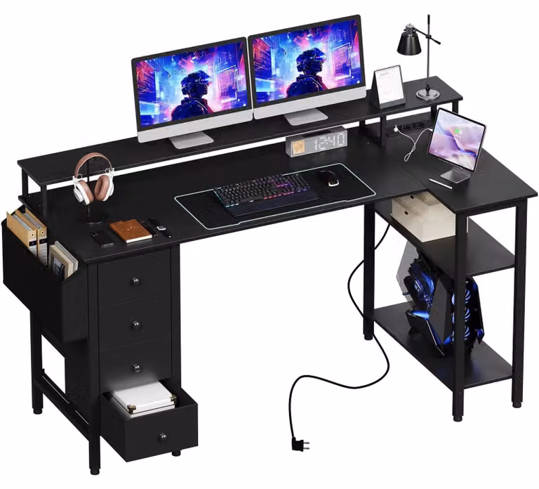 Scrivania a L per computer Monitor 18 cm Cassetti e borsa portaoggetti Nero 140 x 68 cm