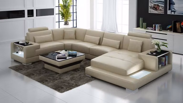 Beige Sofa Ecksofa Wohnlandschaft LED Licht Polster Sitz Garnitur Ledersofa USB