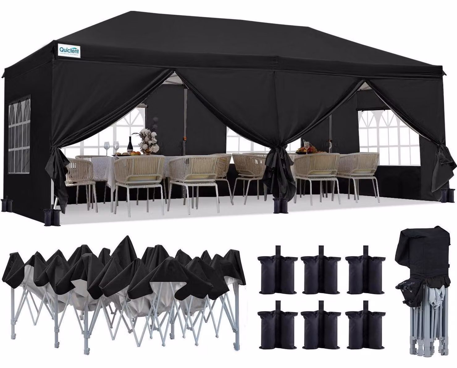 Tenda da giardino 3x6 metri, impermeabile, con pareti laterali, protezione UV 50+, struttura in acciaio, colore nero