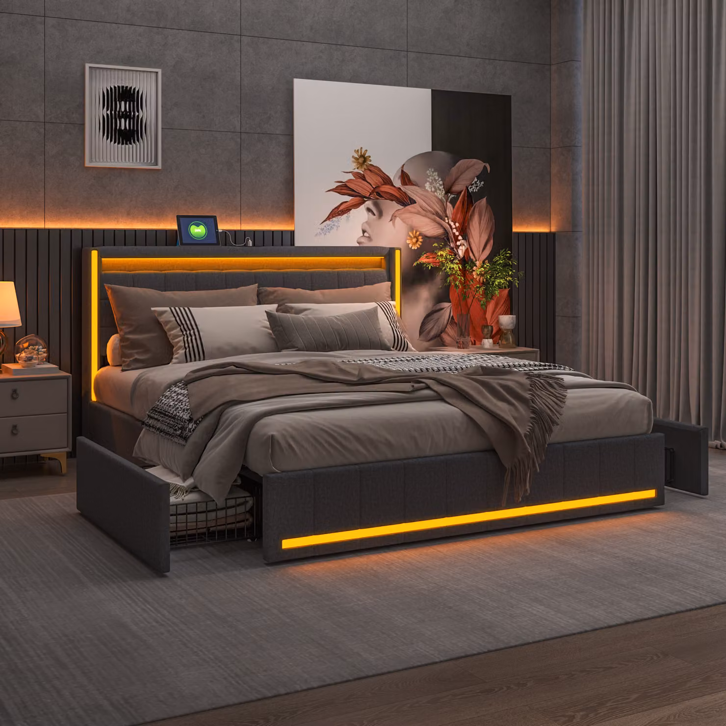 Letto imbottito ProximaX 160x200 con USB e tipo C, letto matrimoniale con rete a doghe e 4 cassetti, letto per ragazzi con LED, letto funzionale letto contenitore letto matrimoniale, biancheria, grigio