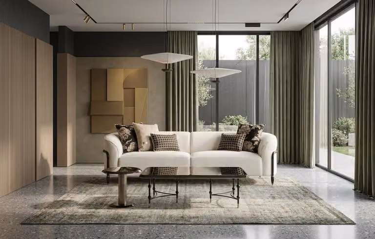 Elegante set da salotto: divano a 3 posti, tavolino da salotto, tavolino di servizio, set di design