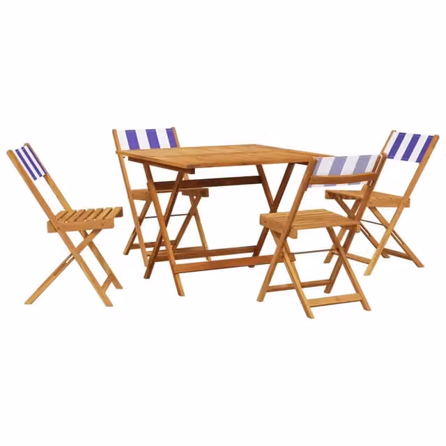 Set Pranzo da Giardino 5 Pezzi in Legno di Acacia con Tessuto a Righe Blu e Bianco – 1