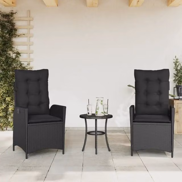 Set di 2 sedie reclinabili da giardino vidaXL in polyrattan nero con cuscini e struttura in metallo