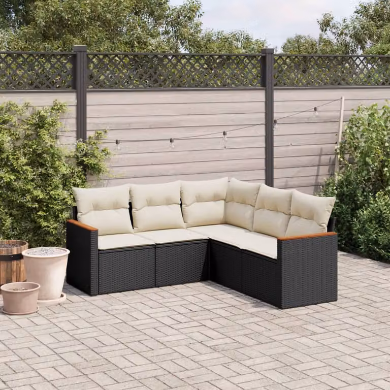 vidaXL Set Divani da Giardino a L 5 pz con Cuscini in Polyrattan e Struttura in Acciaio Nero
