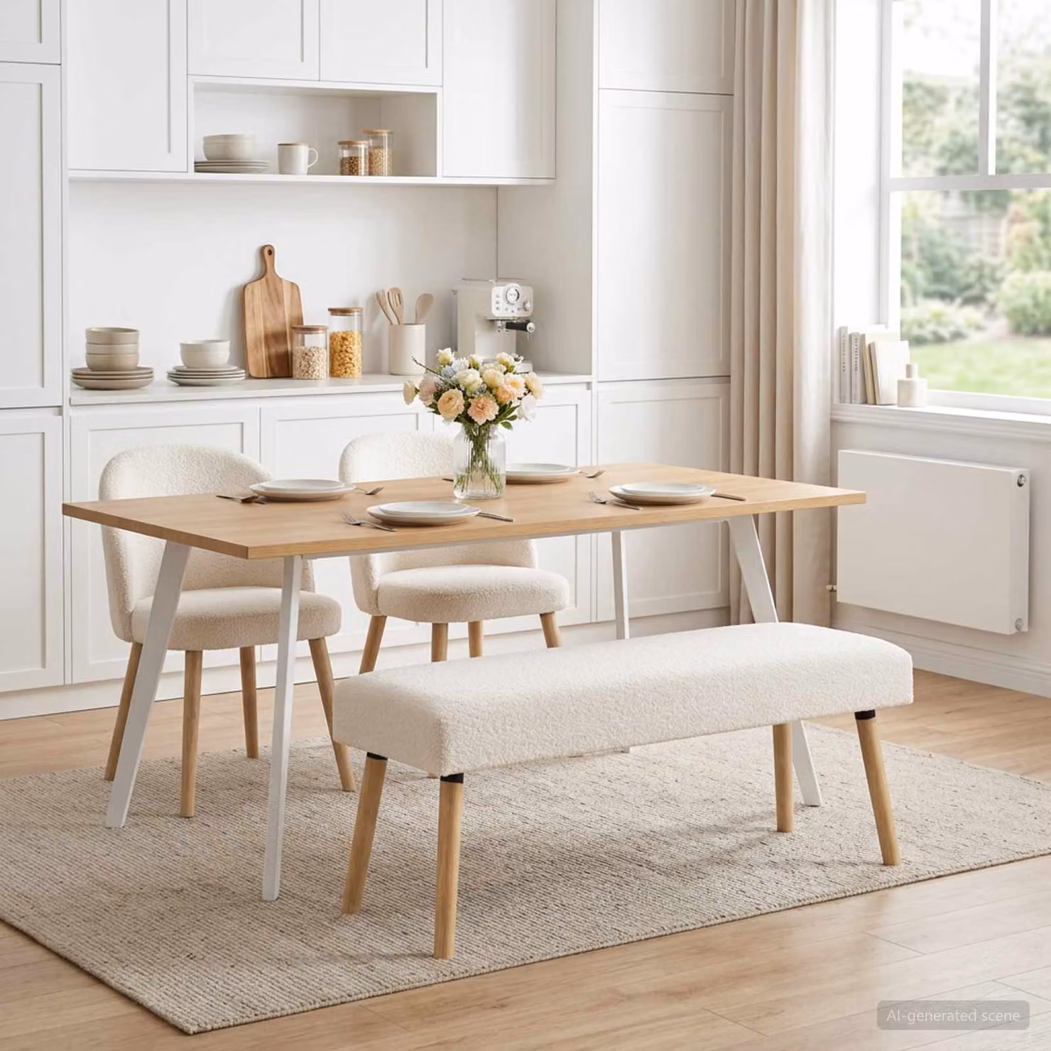 Panchina moderna vidaXL in tessuto bouclé color beige, L 110 x P 40 x H 46 cm