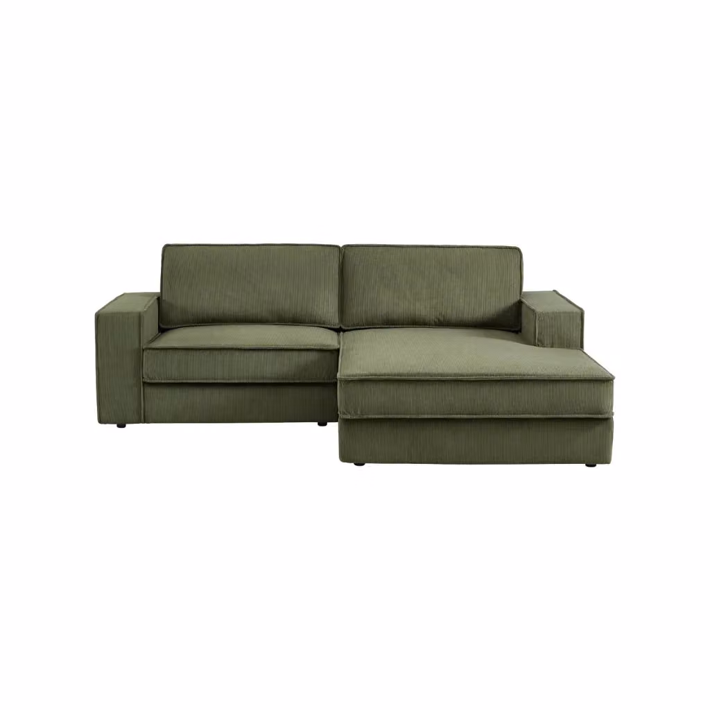 Divano angolare destro SWEEEK in velluto a coste verde kaki, 3 posti con struttura in legno massiccio e cuscini inclusi, L/P/H: 231 x 156 x 83 cm – 2