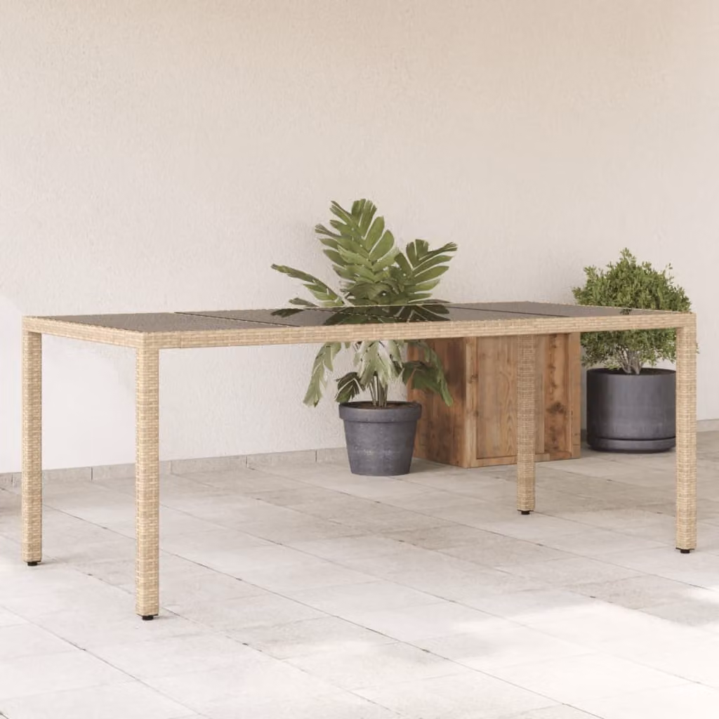 vidaXL Tavolo da giardino rettangolare in polyrattan beige con piano in vetro L: 190 cm, P: 90 cm, H: 75 cm