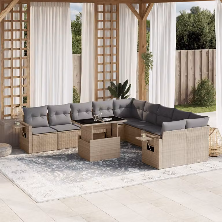 Set di divani da giardino vidaXL 11 pz a forma di L con cuscini beige e tavolino in rattan e metallo