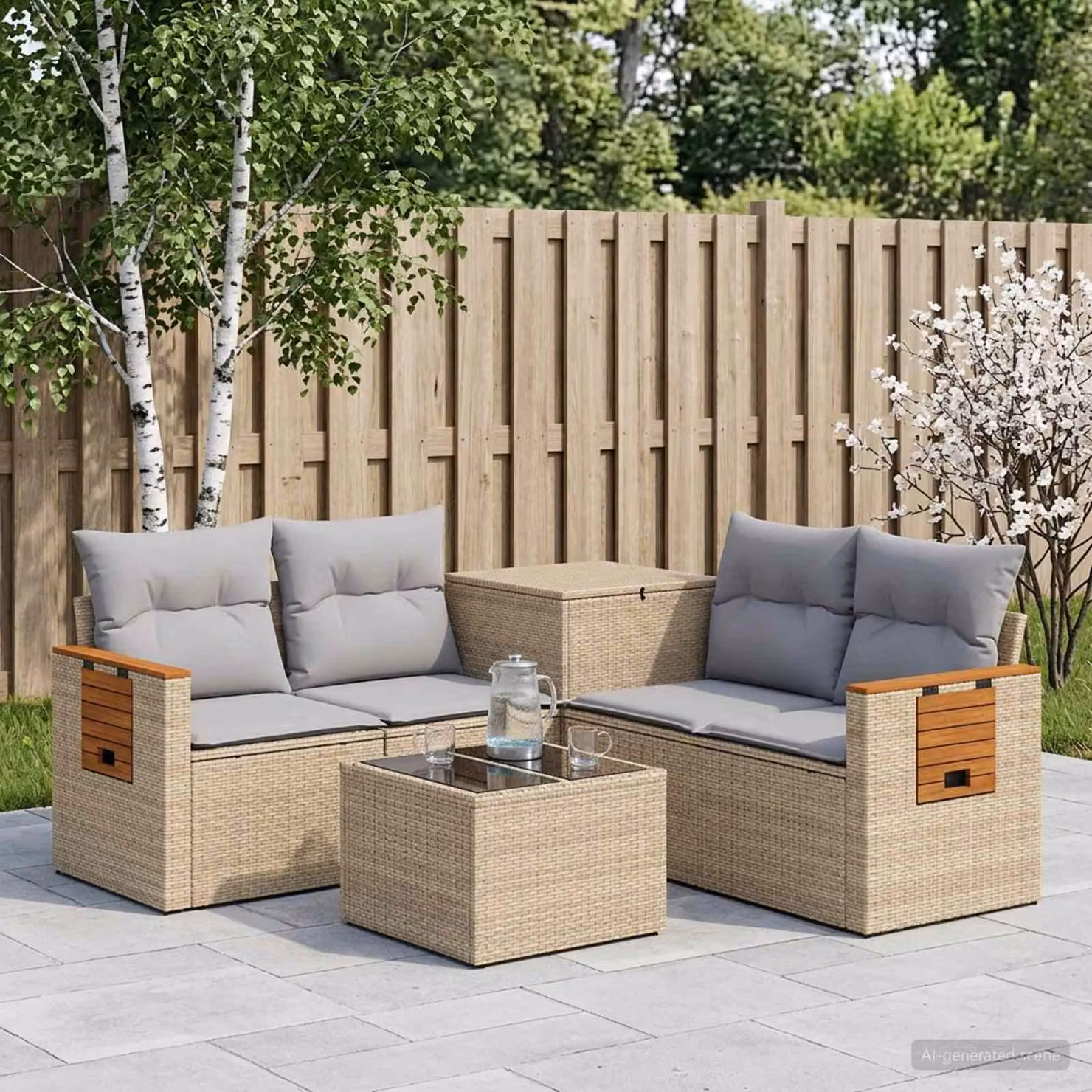 Set di divani da giardino vidaXL in polyrattan con tavolo da caffè, 6 pezzi, Beige e Grigio Chiaro