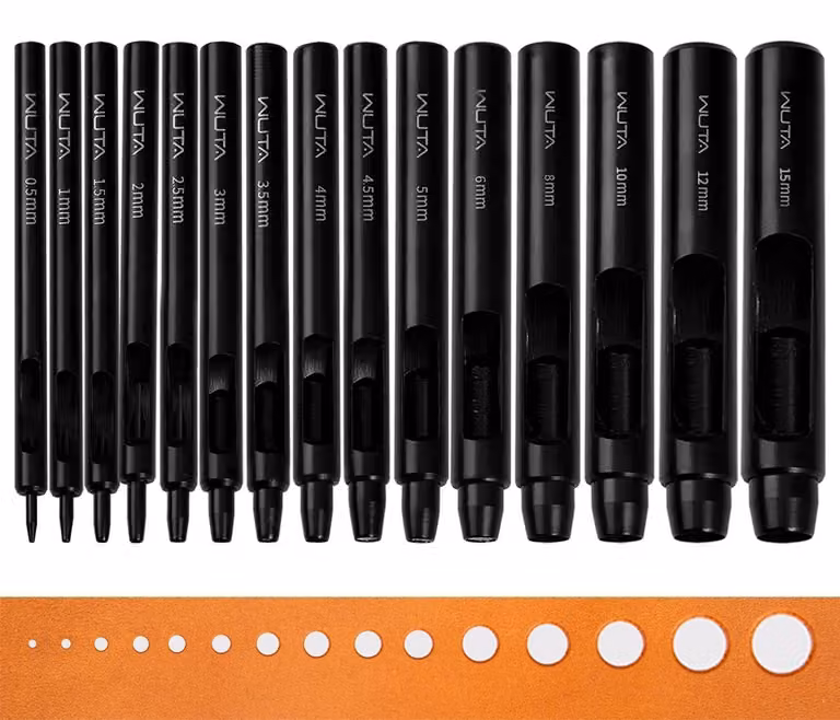 Set di punzoni Lochstanzer in pelle, 15 pezzi, diametro da 0,5 a 15 mm, forma circolare, colore nero