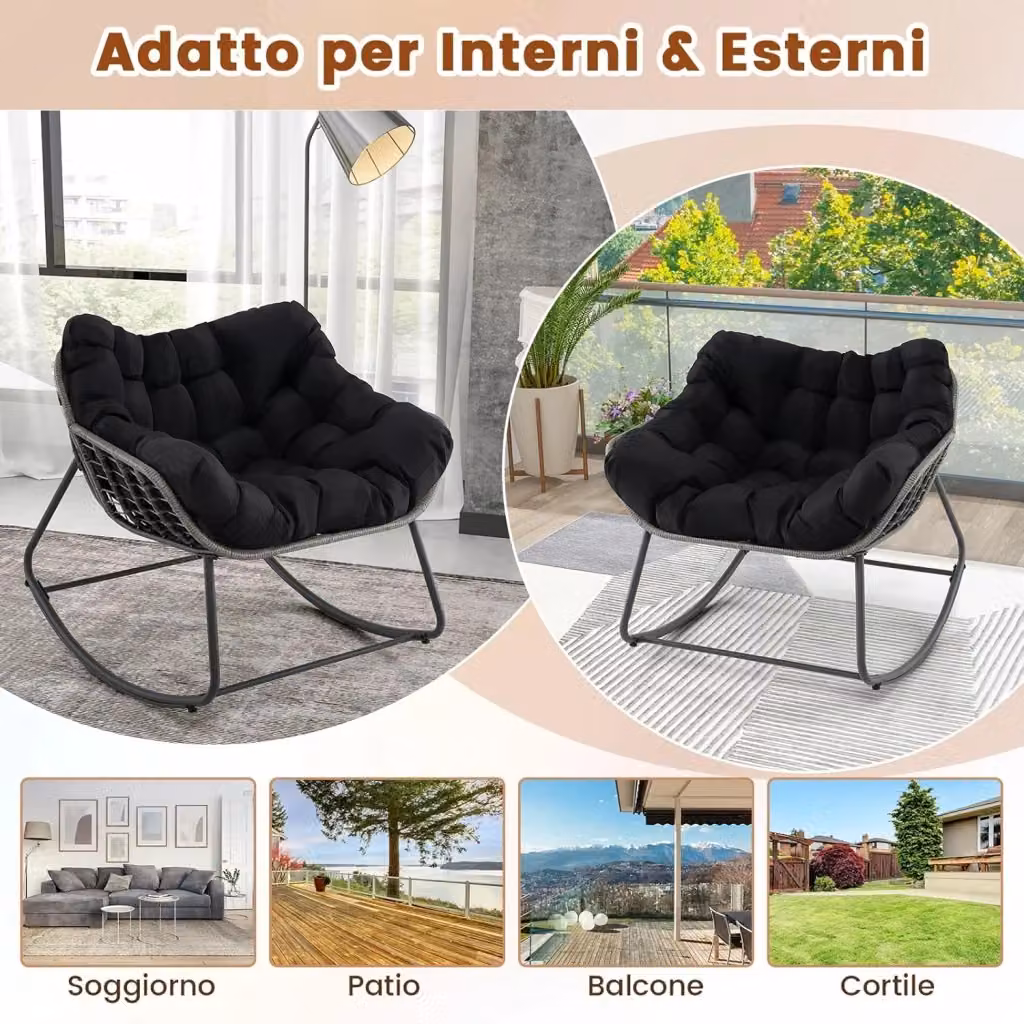 Sedia a dondolo da esterno Costway in rattan e metallo con cuscino rimovibile, poltrona relax nera per giardino, balcone o soggiorno – 2